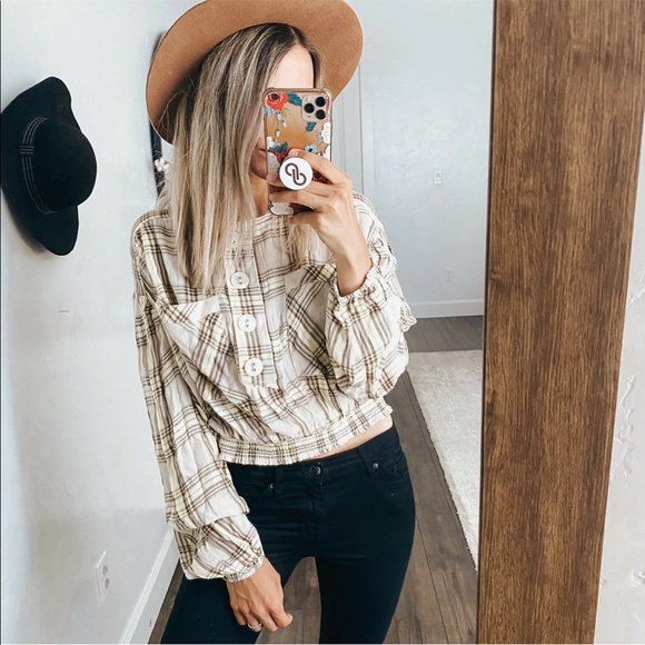 FREE PEOPLE - It’s the Good Life Plaid Top with Pale Green Accents - Picture 3 of 12